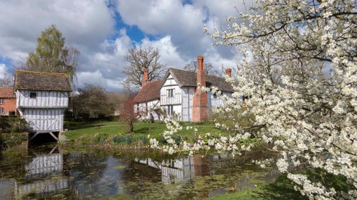 The medieval manor and Damson trees in blossom at Brockhampton Estate, Herefordshire